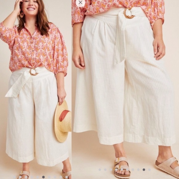 Anthropologie Palm Belt Wide Leg Crop Linen & Cotton Pants Size 12 - Picture 3 of 13